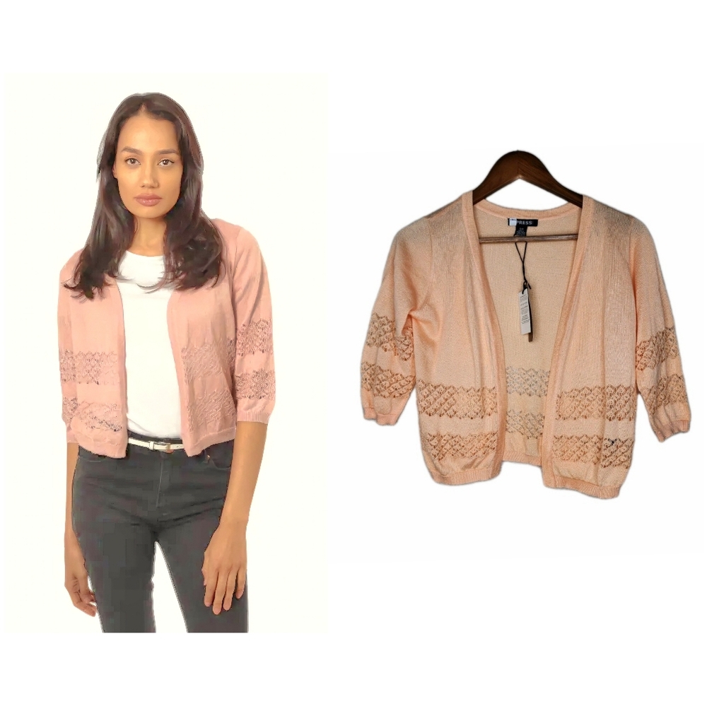Impress 3/4 Length Sleeve Shrug Cardigan Sweater in Peachy Orange Size S